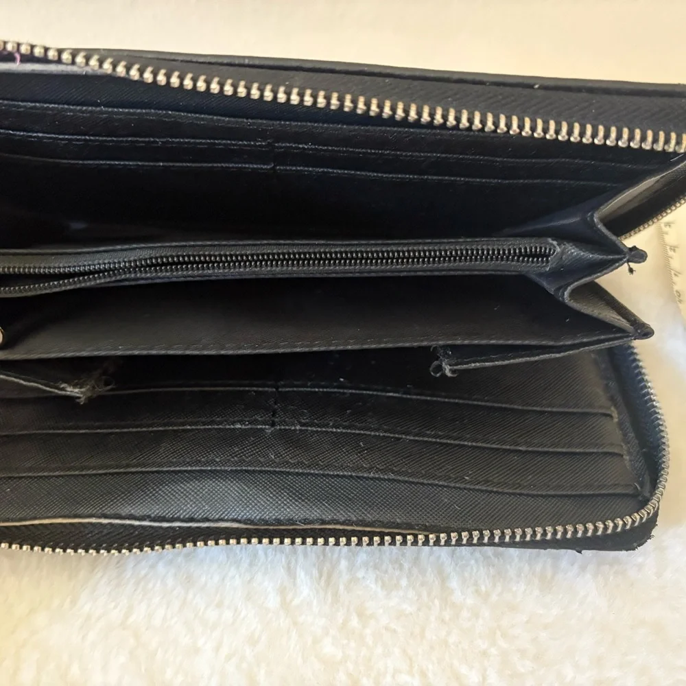 Black Leather Zip-Around Wallet with Signature Web Stripe